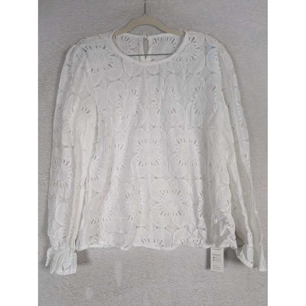 NEW Cupshe Lace Top Women's Large White Floral Ruffle Cuff Keyhole Back